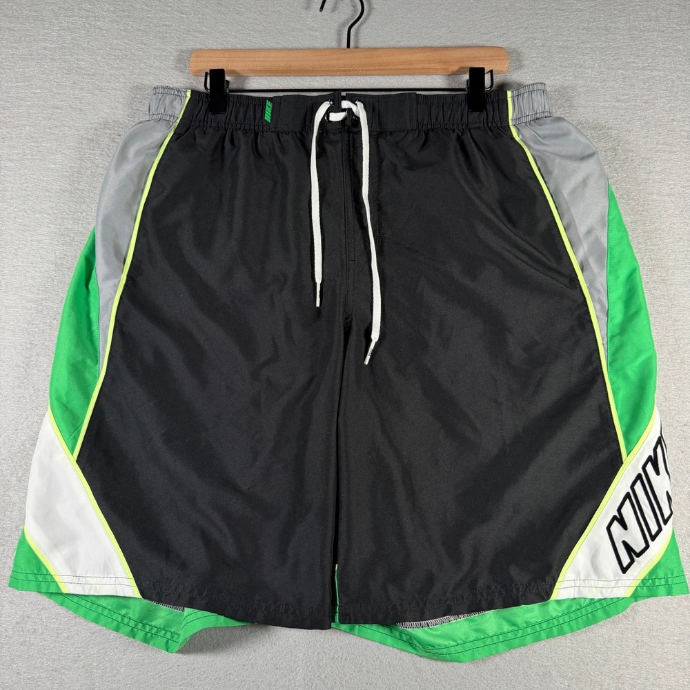 Nike Mens XL Swim Trunks Black Green Colorblock Board Shorts TESS0242 Logo